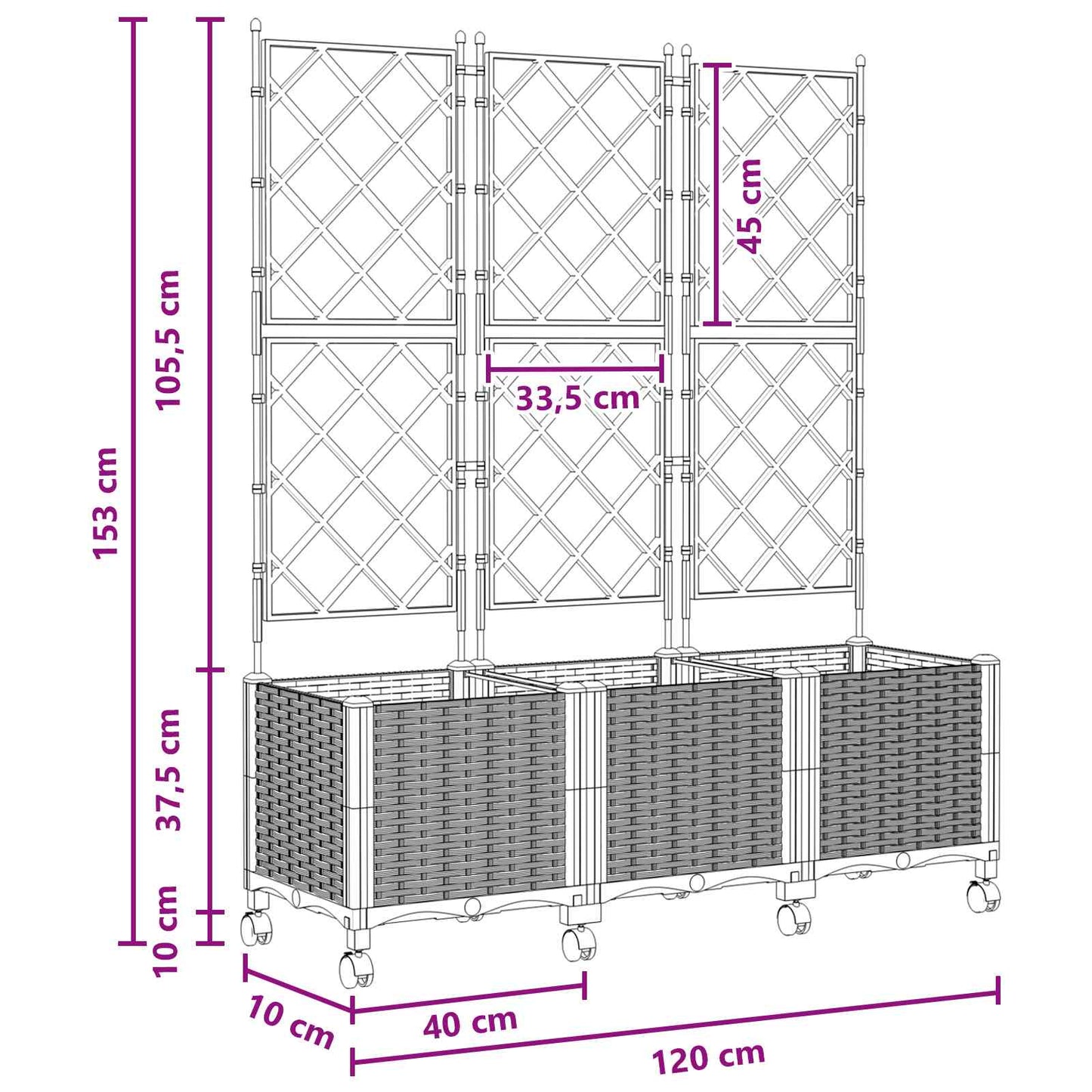 Hageplanter med espalier og hjul 3 stk. Brun 120 x 40 x 149 cm