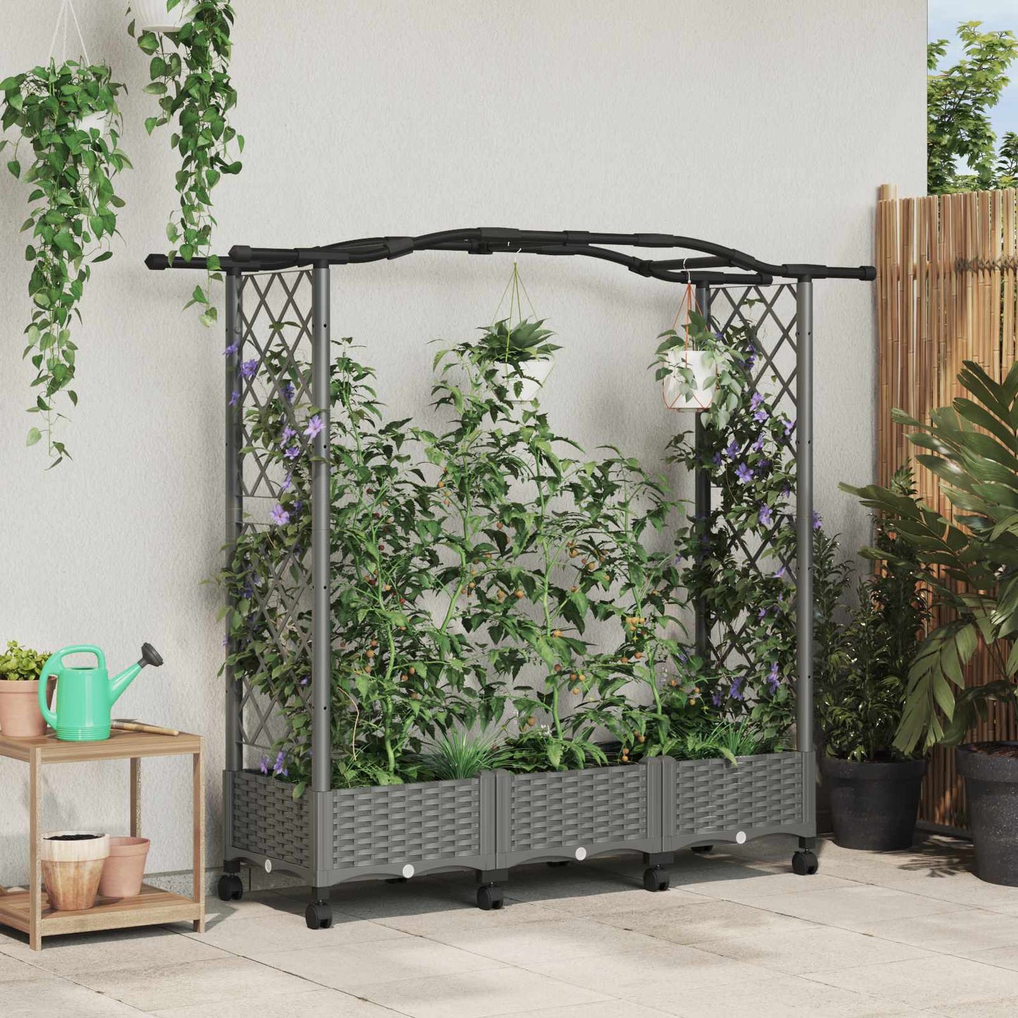 Hevet Bed med Trellis og Tak Lysegrå 169 x 40 x 129 cm PP