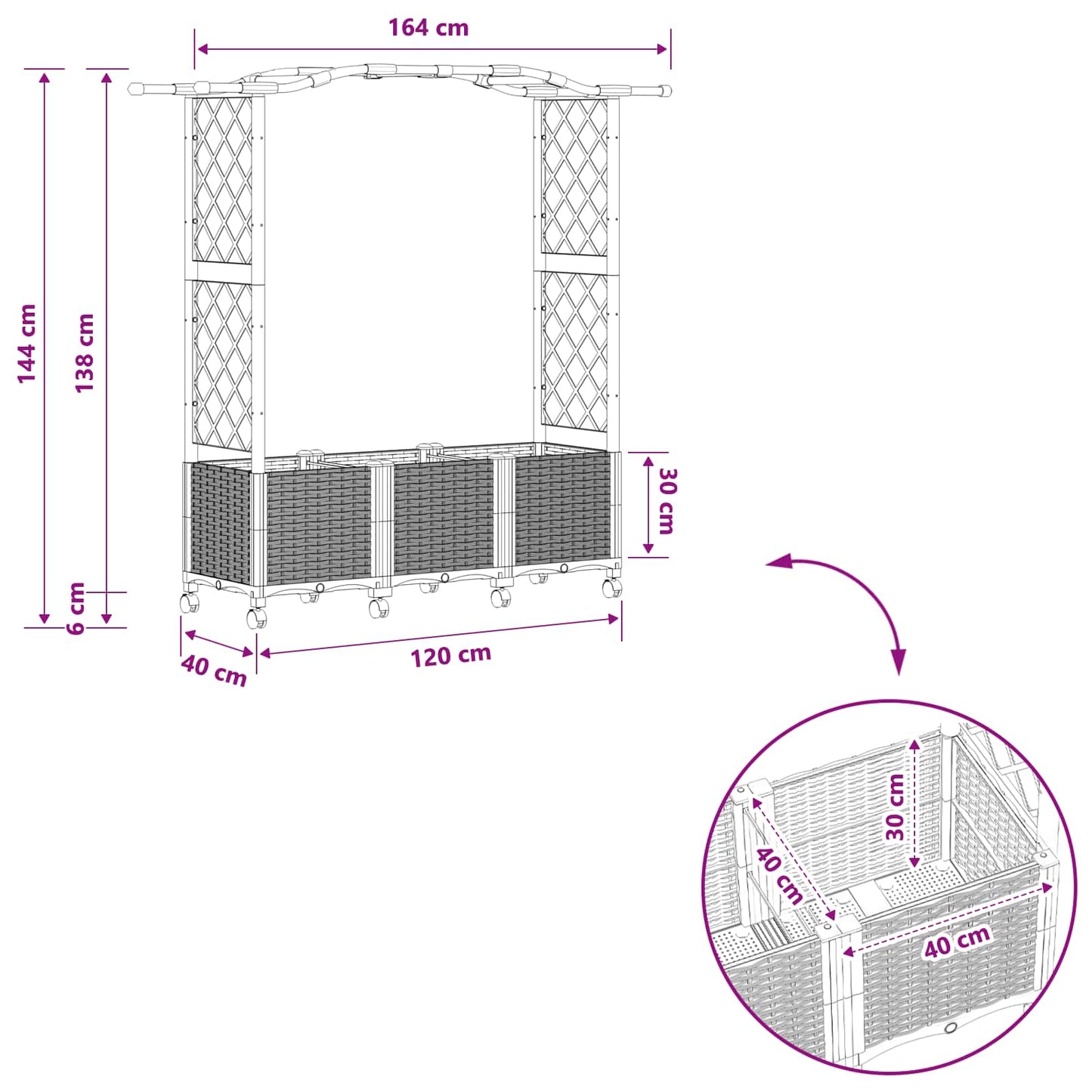 Hevet Bed med Trellis og Tak Lysegrå 164 x 40 x 144 cm PP