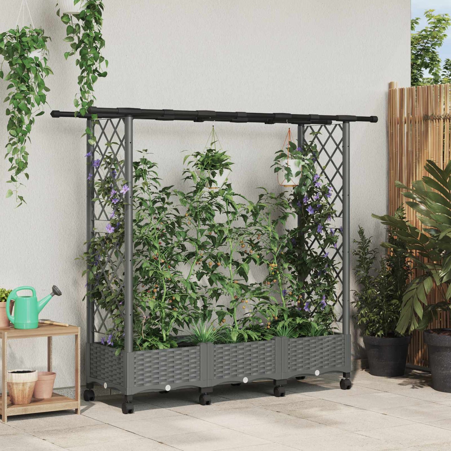 Hevet Bed med Trellis og Tak Lysegrå 164 x 40 x 127 cm PP