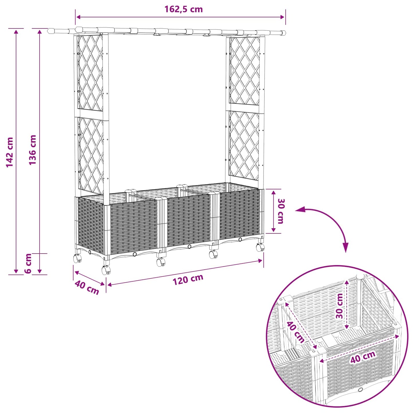 Hevet Bed med Trellis og Tak Lysegrå 162,5 x 40 x 142 cm PP