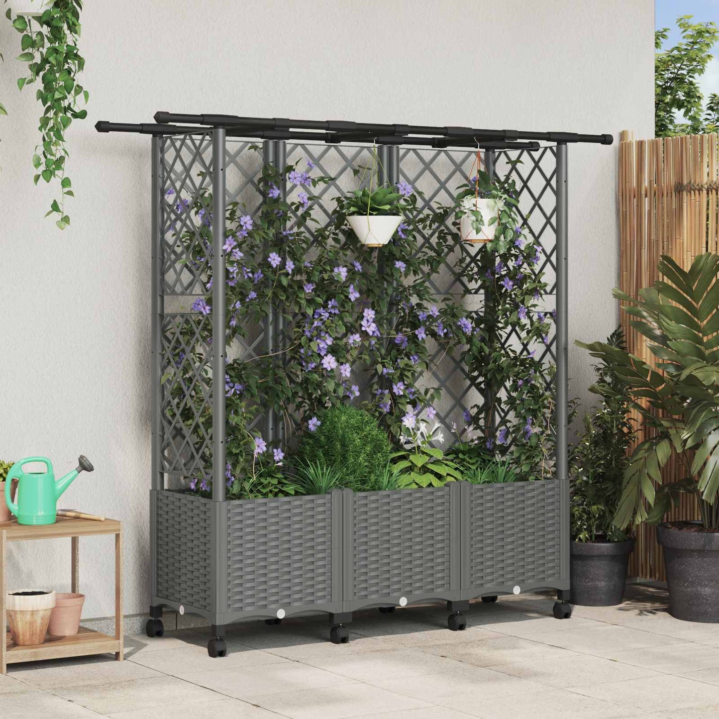 Hevet Bed med Trellis og Tak Lysegrå 163,5 x 40 x 142 cm PP