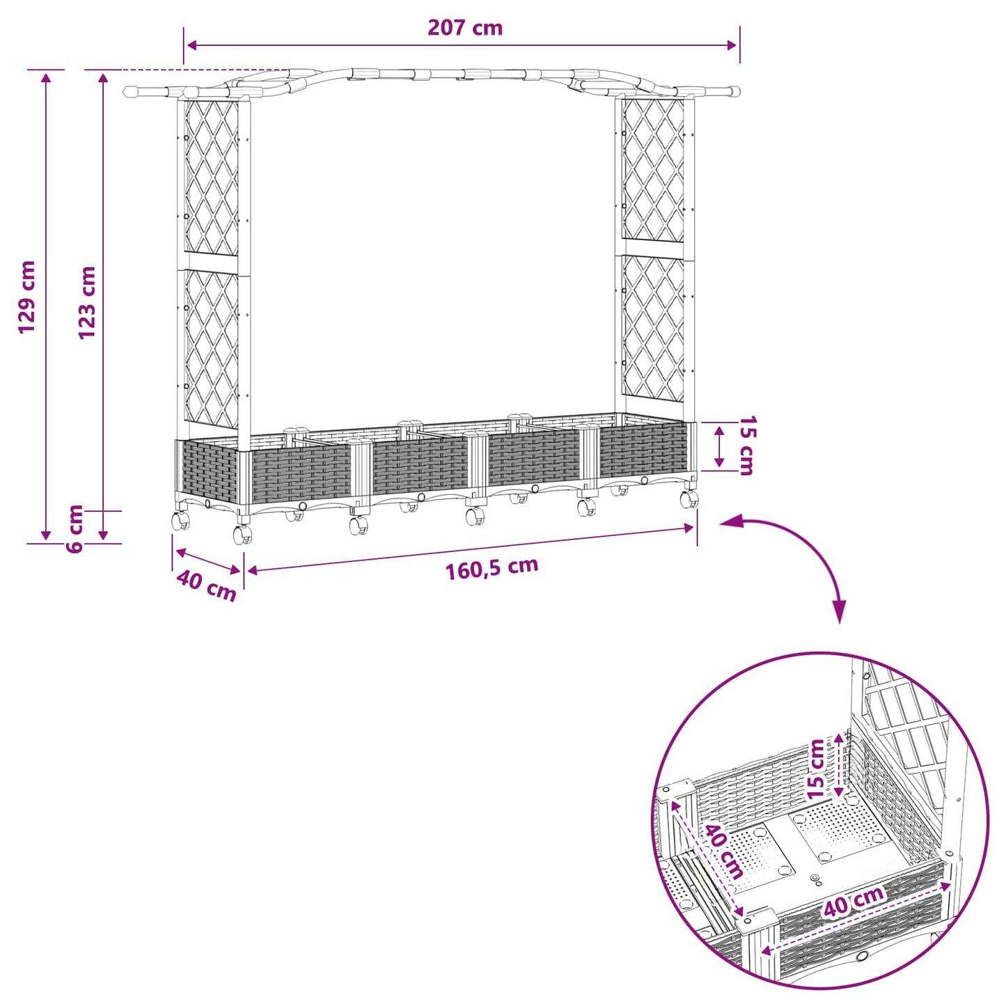 Hevet Bed med Trellis og Tak Lysegrå 207 x 40 x 129 cm PP