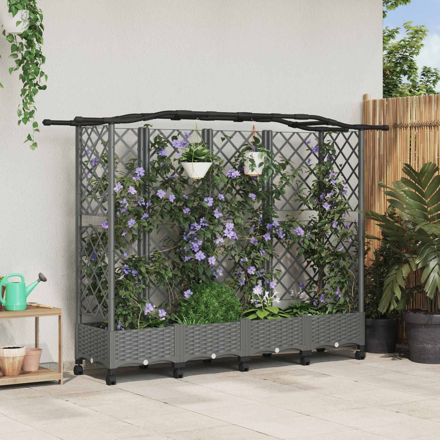 Hevet Bed med Trellis og Tak Lysegrå 203,5 x 40 x 129 cm PP
