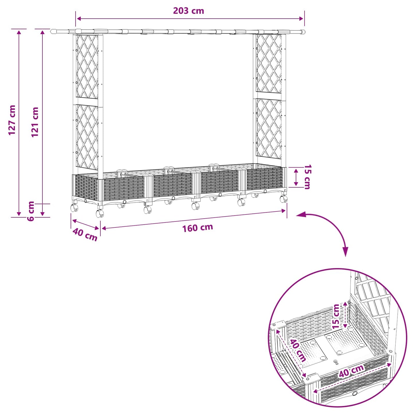 Hevet Bed med Trellis og Tak Grå 203 x 40 x 127 cm PP