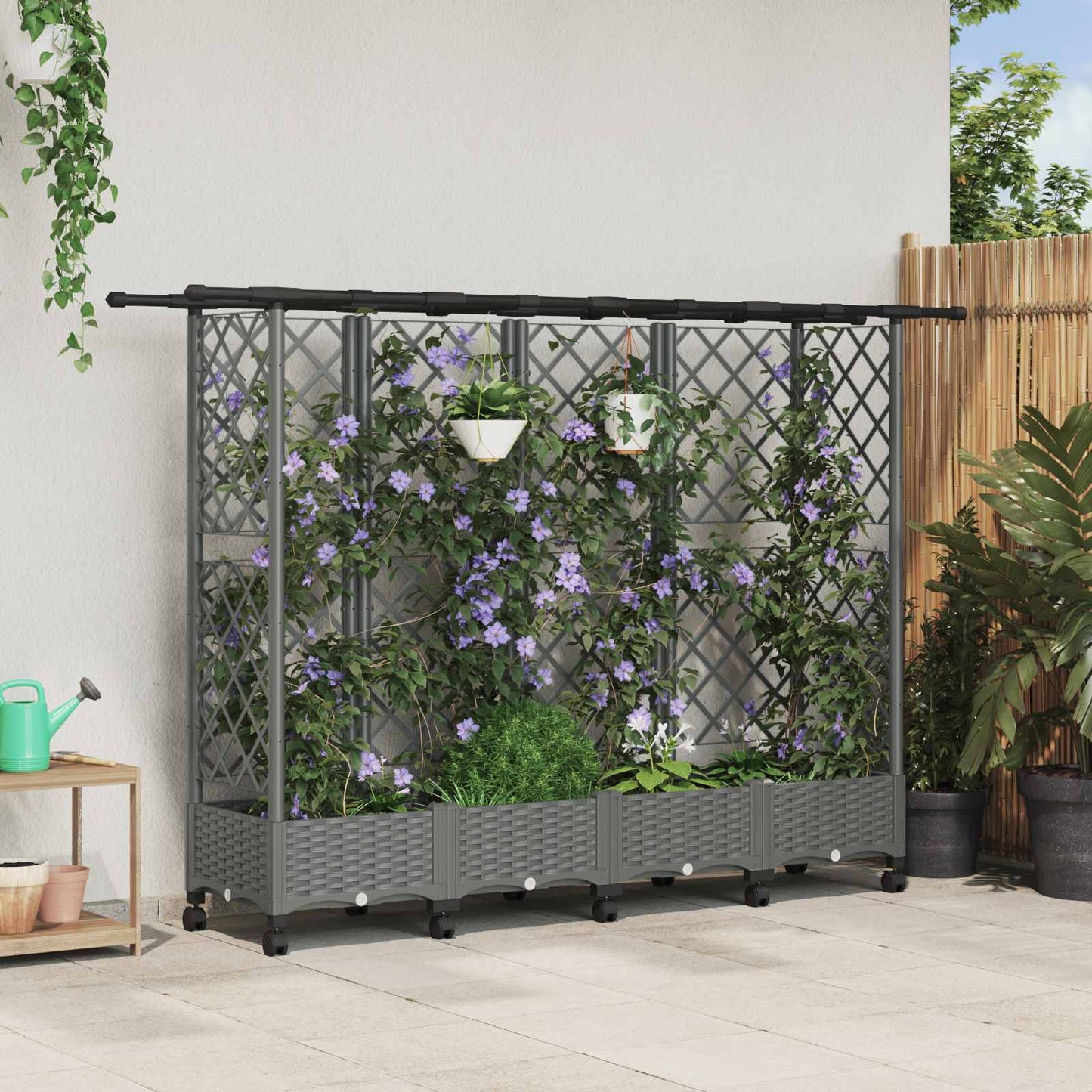 Hevet Bed med Trellis og Tak Lysegrå 202,5 x 40 x 127 cm PP