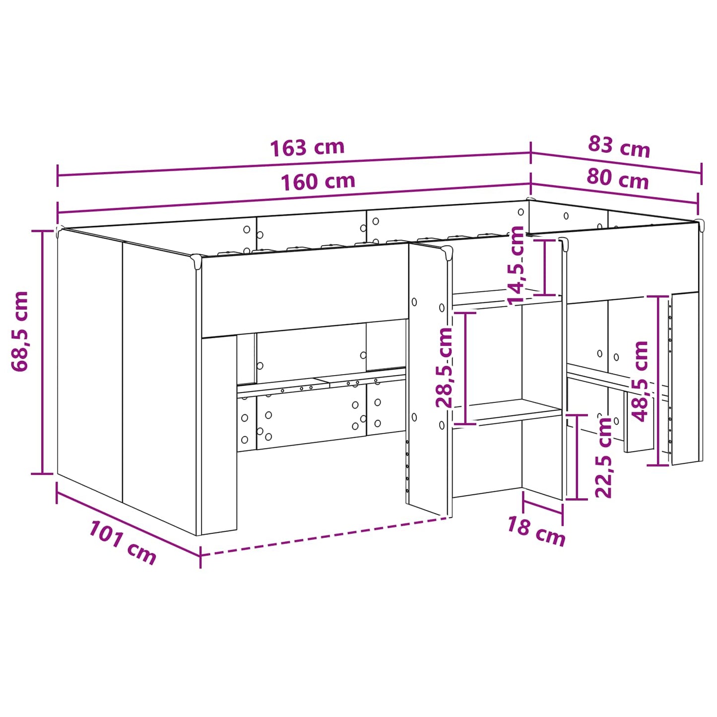 Barnas Høye Sengramme 2 pcs Gammelt tre 163 x 101,1 x 68,5 cm