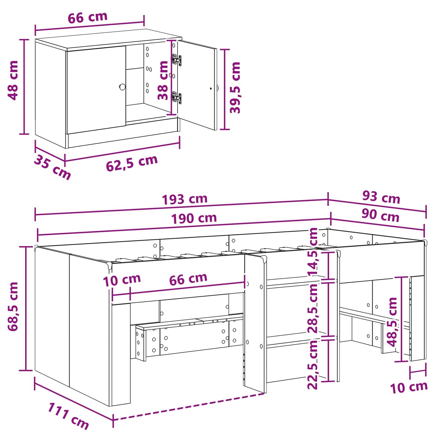 Loft Seng Ramme med Skap med lagring 3 stk. Hvit Konstruert tre