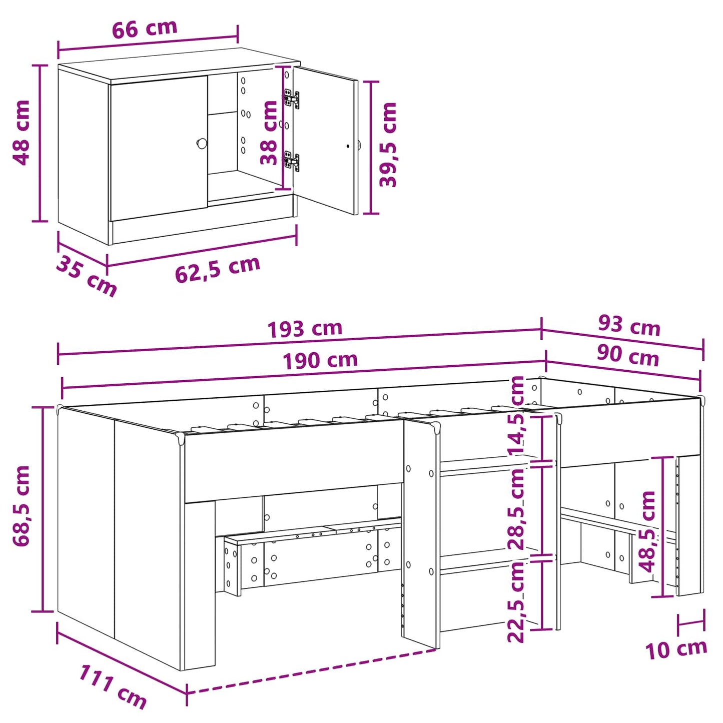 Loft Seng Ramme med Skap 3 pcs Artisan eik Konstruert tre