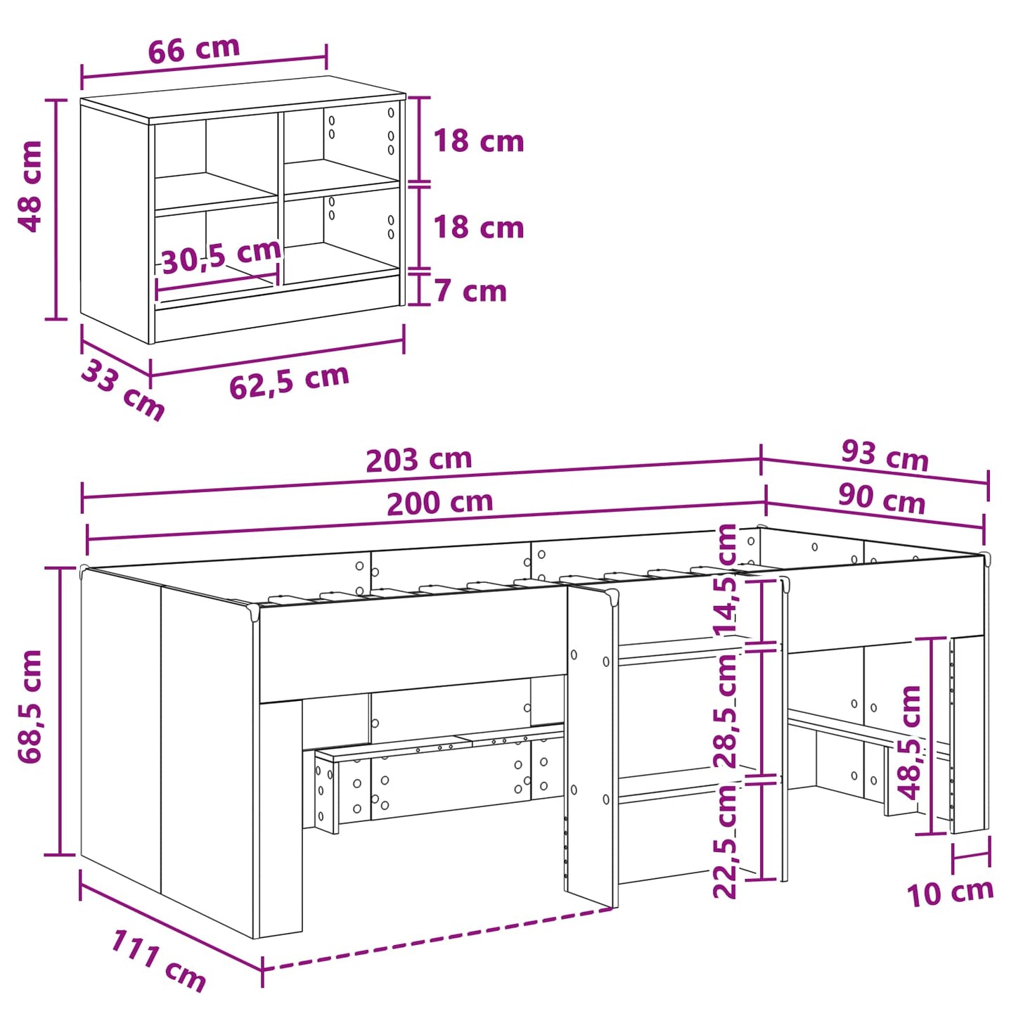 Loft Seng Ramme med Skap med hylle 3 stk. Svart Konstruert tre