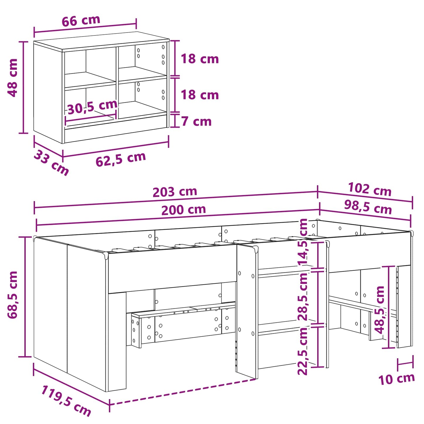 Loft Seng Ramme med Skap 3 stk. Gammelt tre Konstruert tre