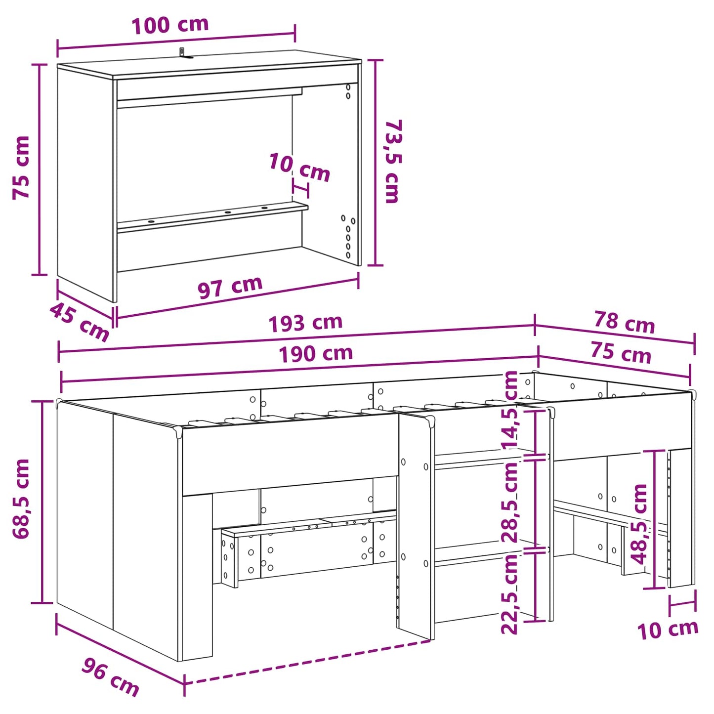 Barneseng med skrivebord Betonggrå 75 x 190 cm Konstruert tre