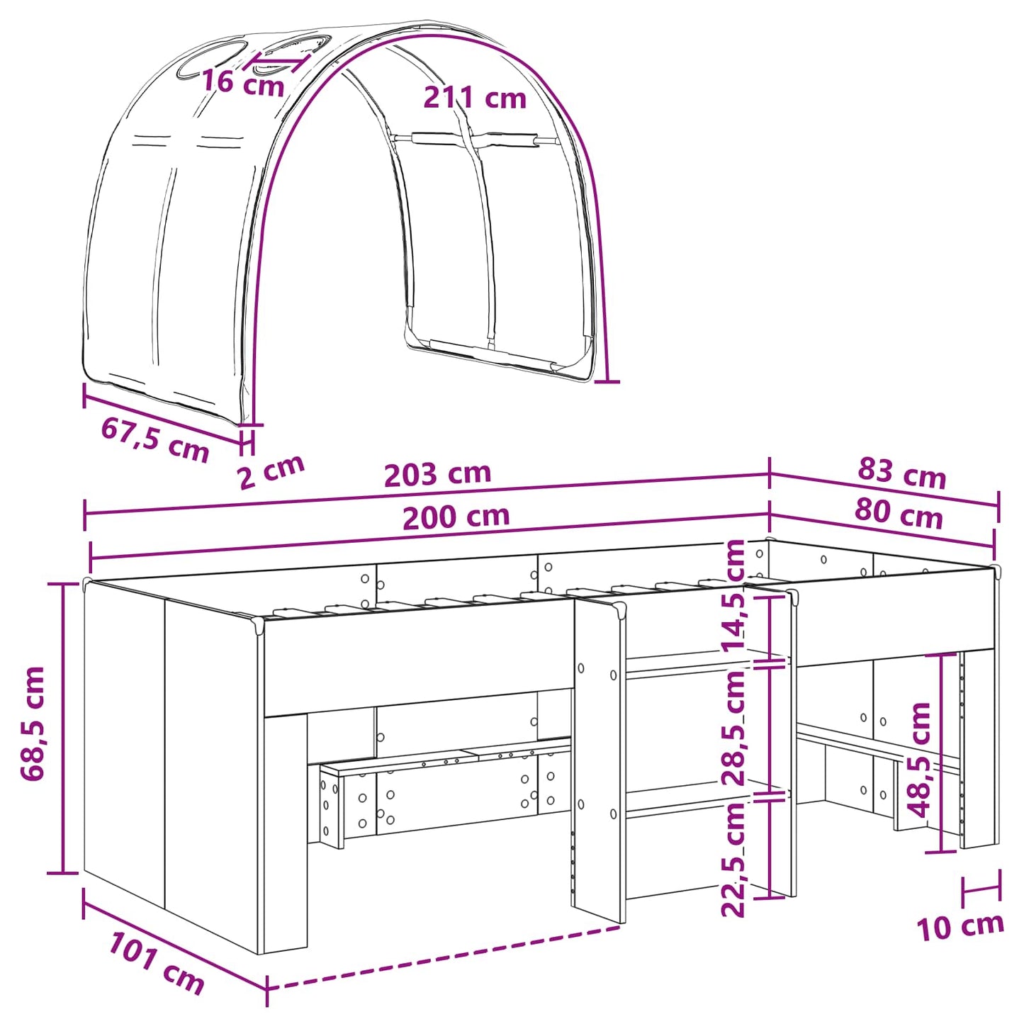 Seng med tunnel 4 pcs Hvit Konstruert tre