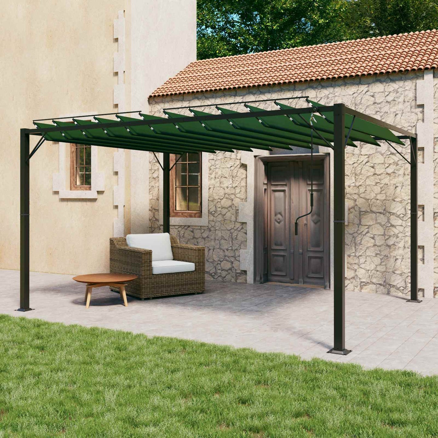 Uteplass med skråtak grønn 3 x 4 x 2,14 m Stoff og Aluminium