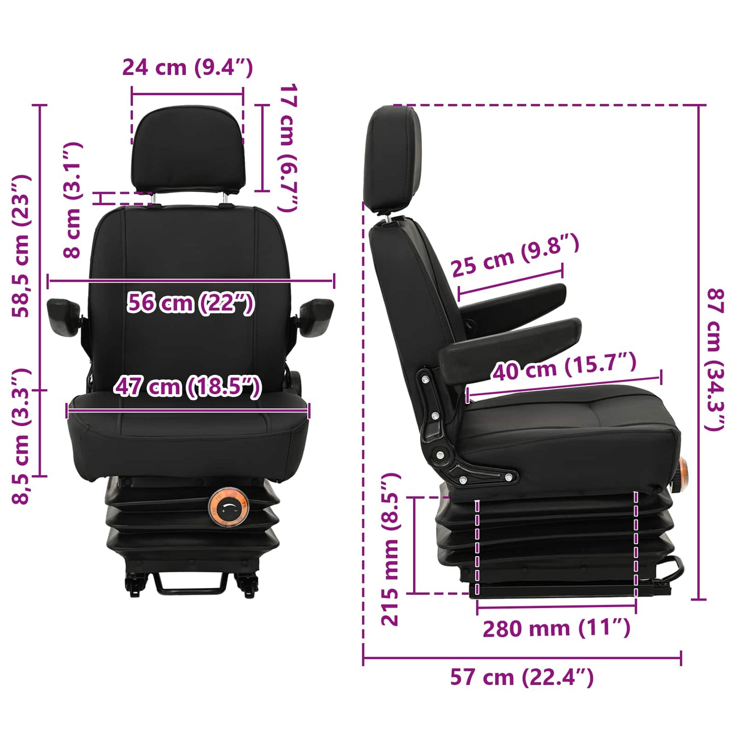 Traktor sete med oppheng Svart 56 x 57 x 87 cm Stål og PVC
