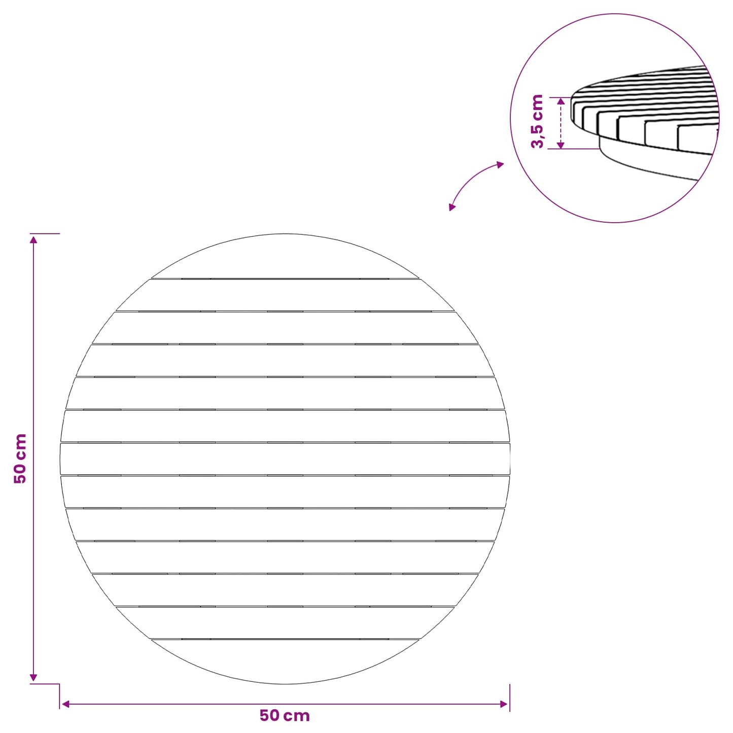 Bordplate Ø 50 x 3,5 Rund Massivt Teaktre Naturlig