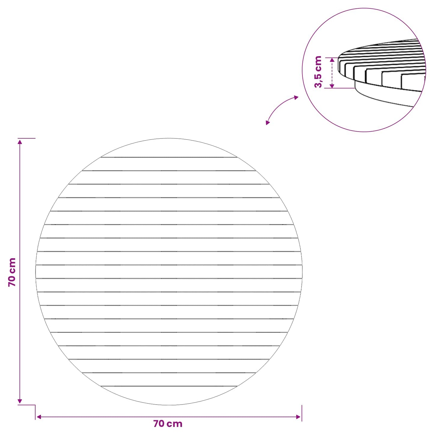 Bordplate Ø 70 x 3,5 Rund Massivt Teaktre Naturlig