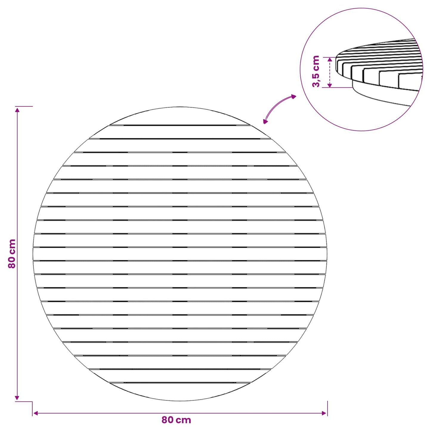 Bordplate Ø 80 x 3,5 Rund Massivt Teaktre Naturlig