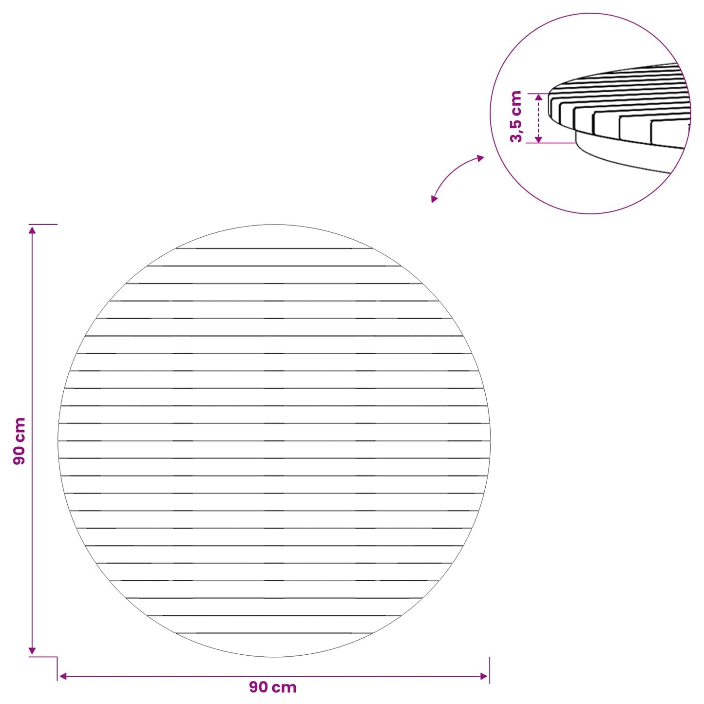 Bordplate Ø 90 x 3,5 Rund Massivt Teaktre Naturlig