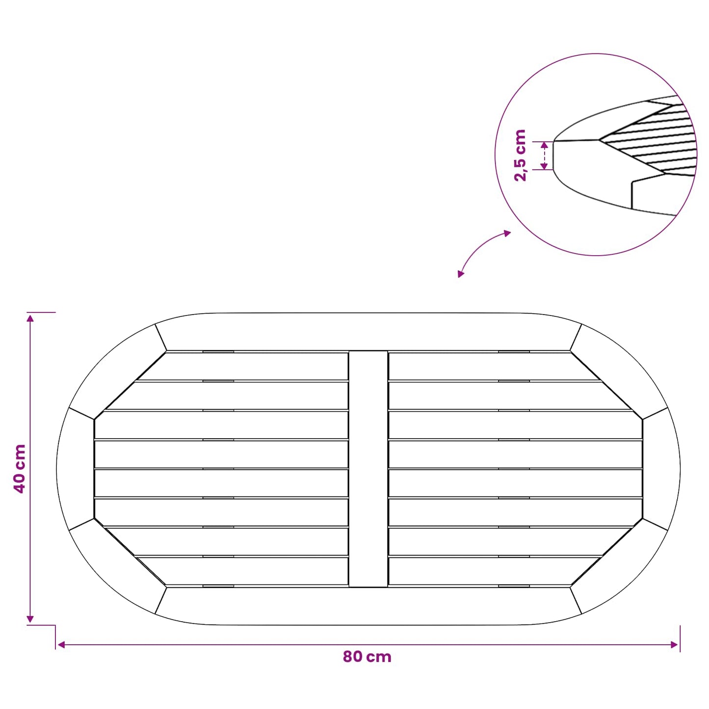 Bordplate 80 x 40 x 2,5 cm Oval Massivt Teaktre Naturlig