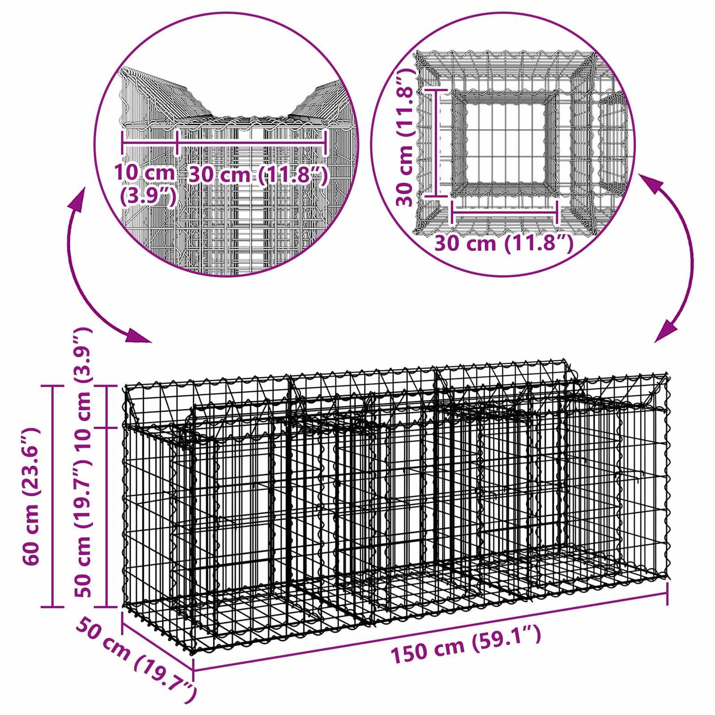 Gabion hevet seng sølv 150 x 50 x 60 cm Galvanisert Stål vidaXL