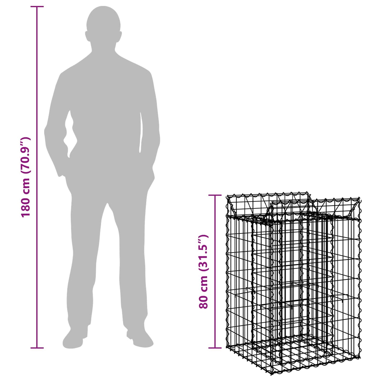 Gabion hevet seng sølv 50 x 50 x 80 cm Galvanisert Stål vidaXL