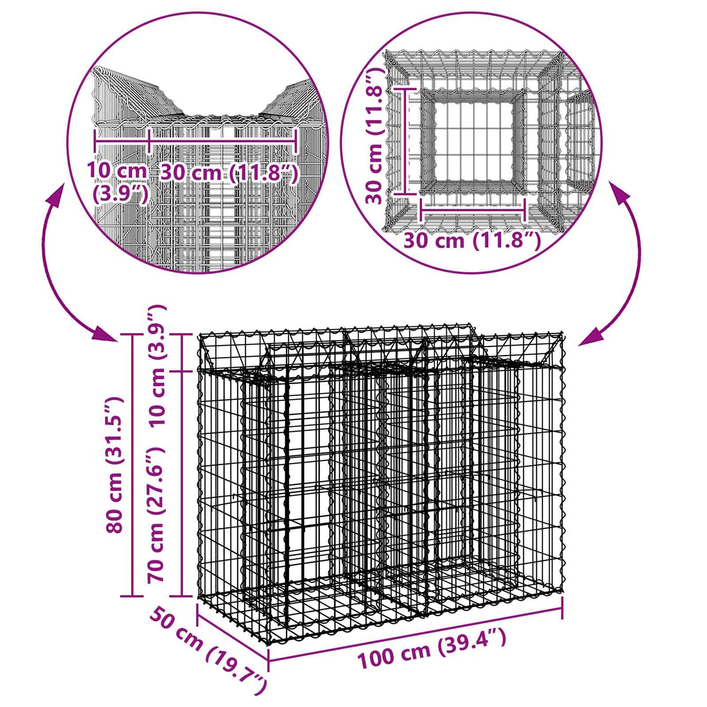 Gabion hevet seng sølv 100 x 50 x 80 cm Galvanisert Stål vidaXL