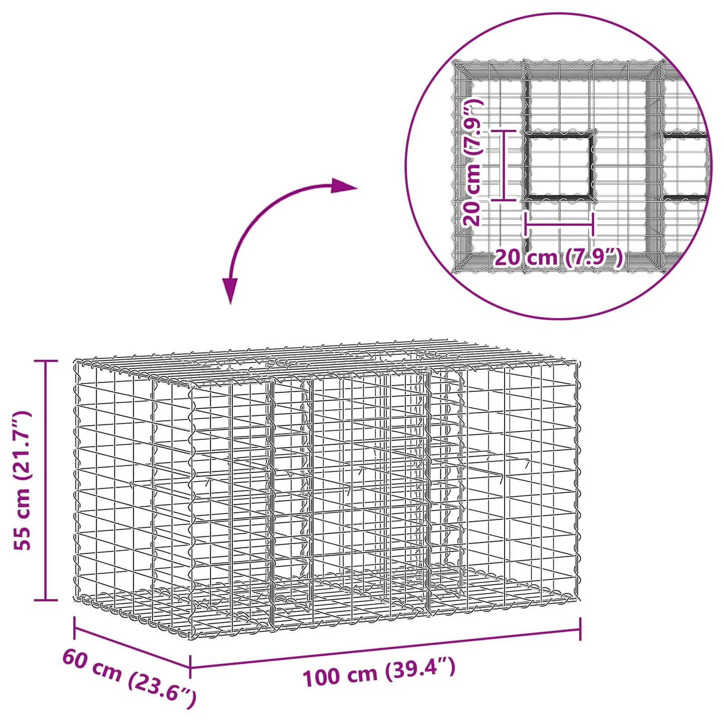 Gabion hevet seng sølv 100 x 60 x 55 cm Galvanisert Stål vidaXL