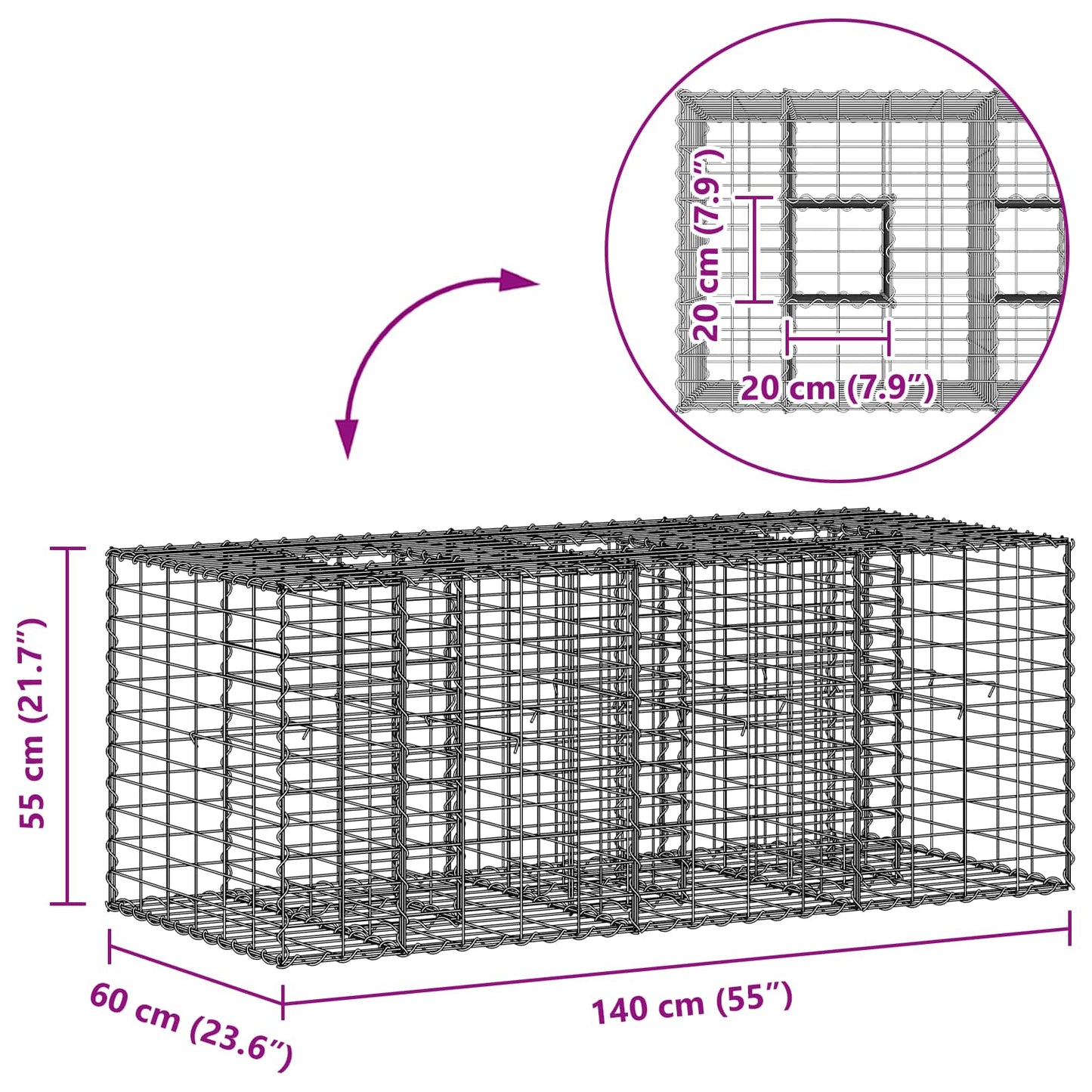 Gabion hevet seng sølv 140 x 60 x 55 cm Galvanisert Stål vidaXL