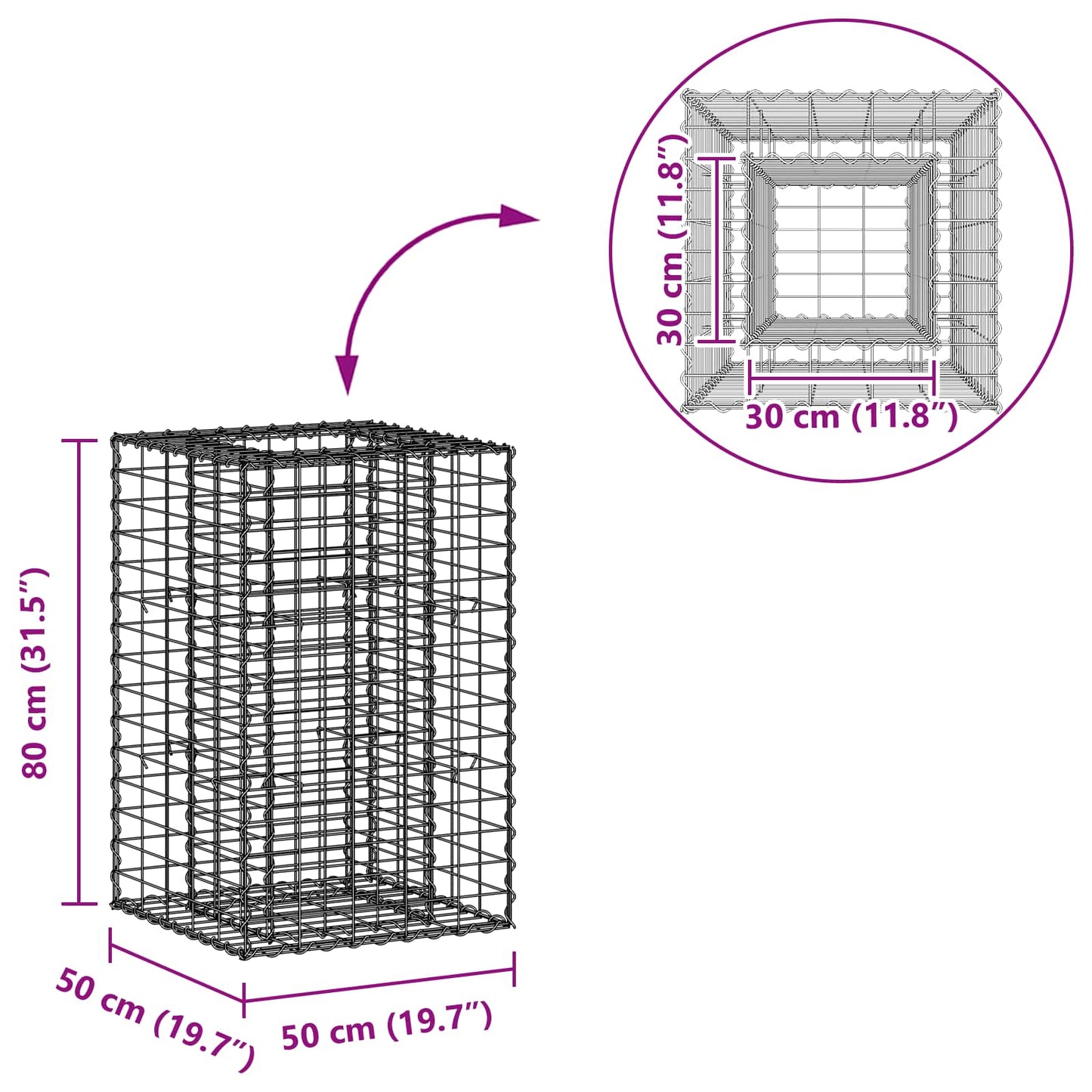 Gabion hevet seng sølv 50 x 50 x 80 cm Galvanisert Stål vidaXL