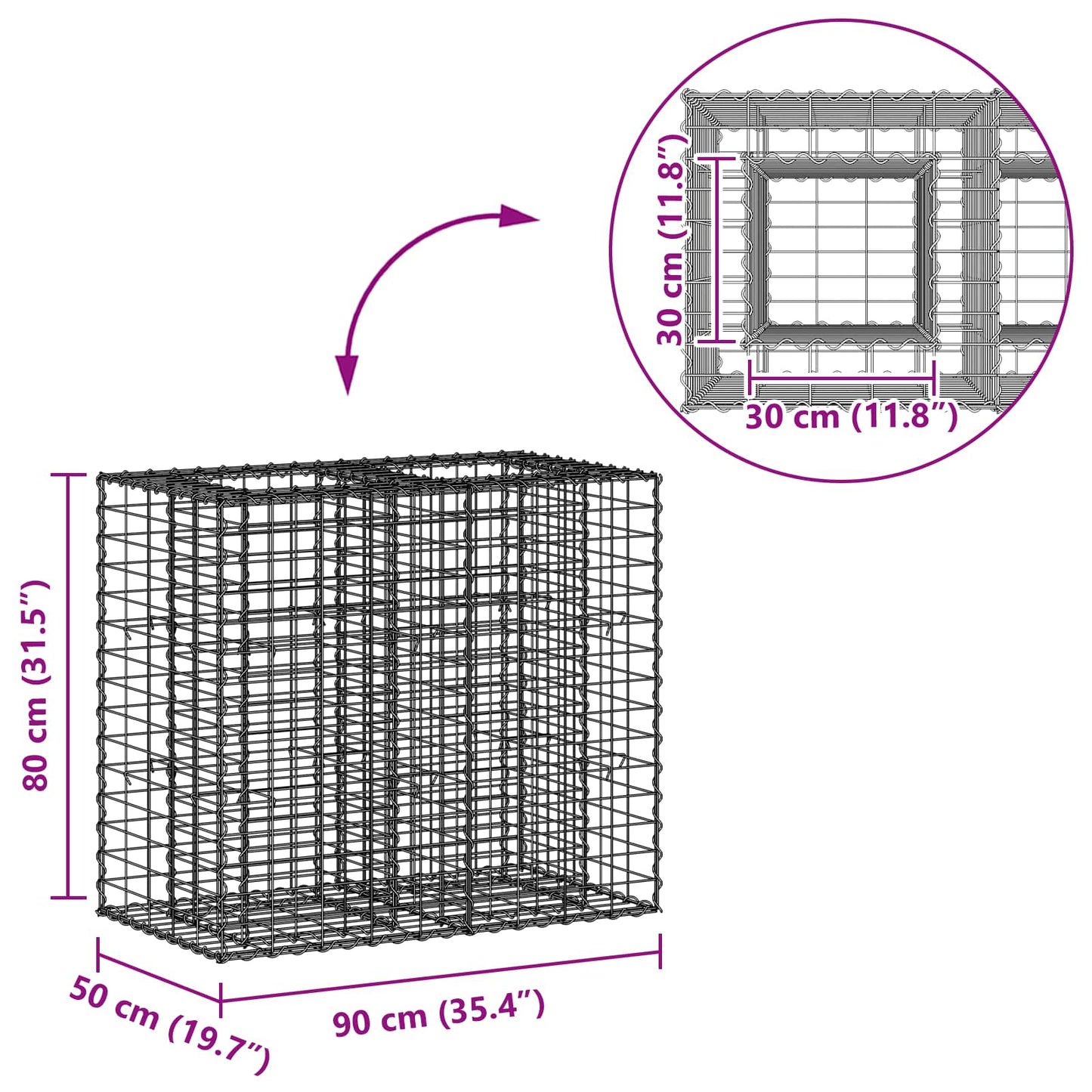 Gabion hevet seng sølv 90 x 50 x 80 cm Galvanisert Stål vidaXL