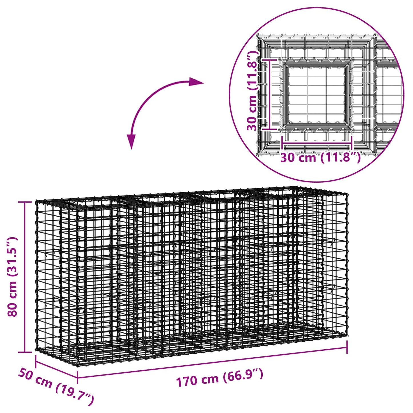Gabion hevet seng sølv 170 x 50 x 80 cm Galvanisert Stål vidaXL
