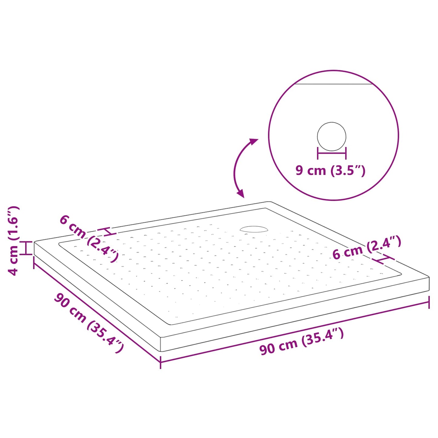 Dusjbunnbrett med prikker 90 x 90 x 4 cm ABS Svart