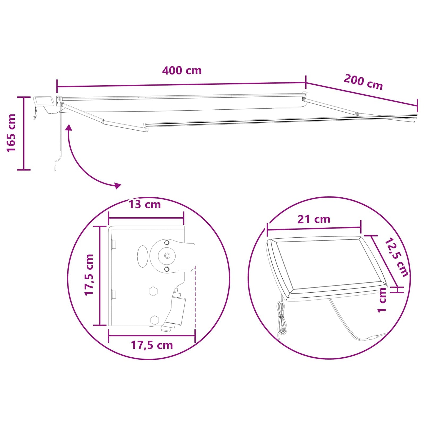 Manuell utvidbar markise med LED-lamper sand
