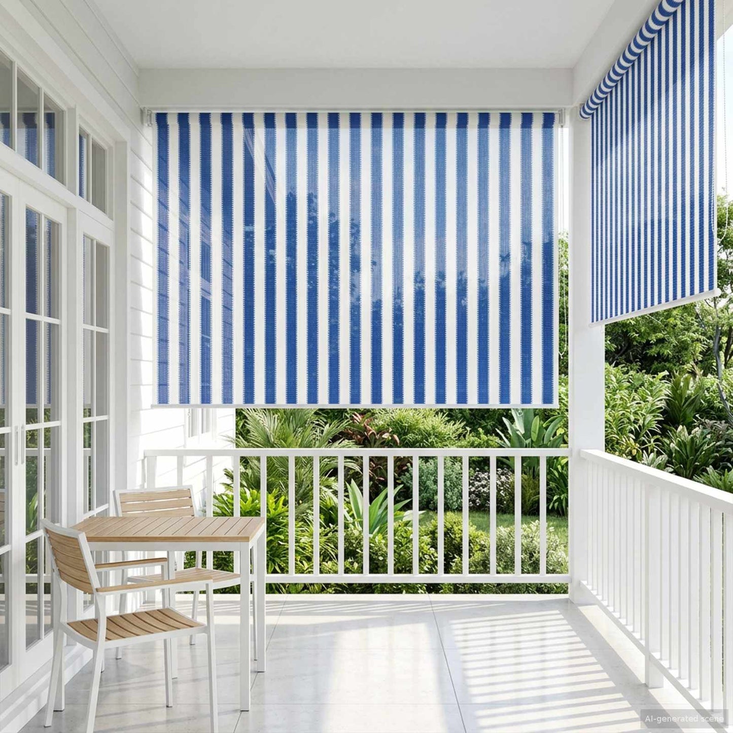 Utendørs Rullegardin 90% UV-blokk Blå og hvit stripe HDPE