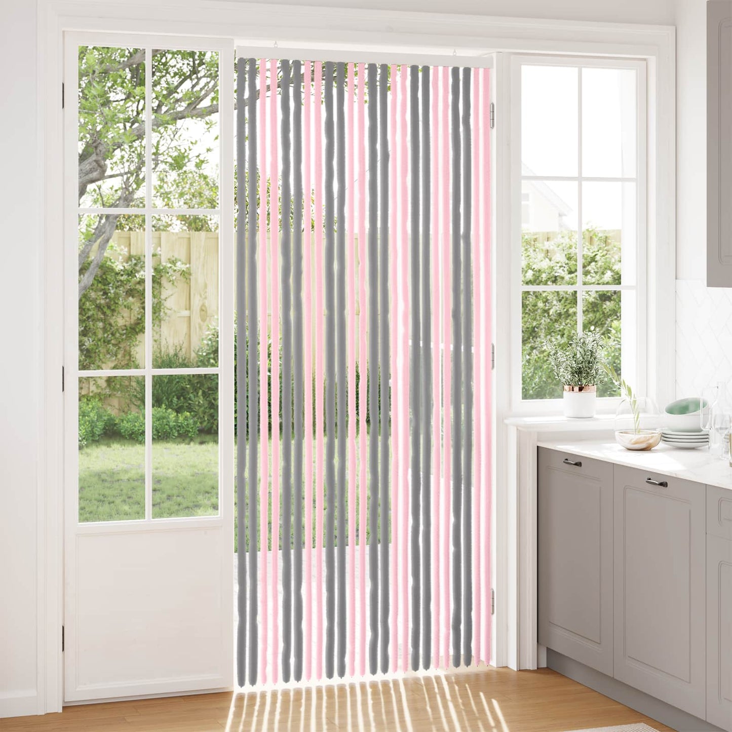 Insektgardin Chenille Sølvgrå og rosa 100 x 230 cm 100% PP