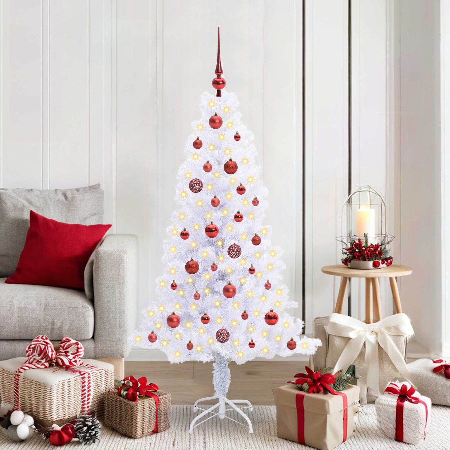 Kunstig juletre med 150 LED med stativ Hvit 150 cm PVC og Stål