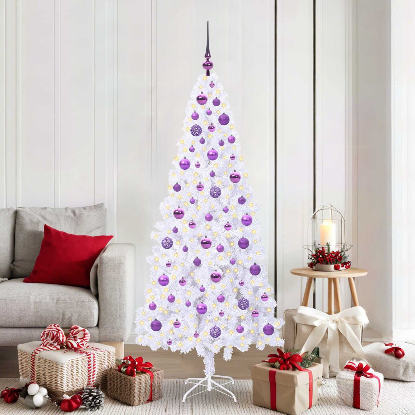 Kunstig juletre med 300 LED med stativ Hvit 180 cm PVC og stål