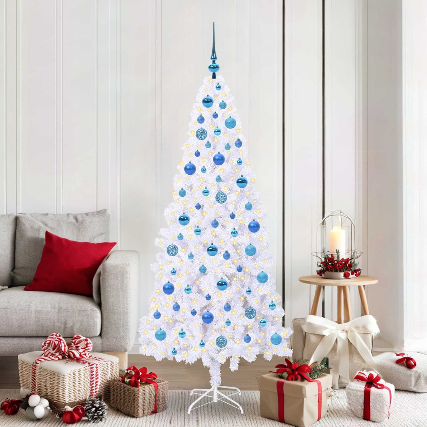 Kunstig juletre med 300 LED med stativ Hvit 180 cm PVC og stål