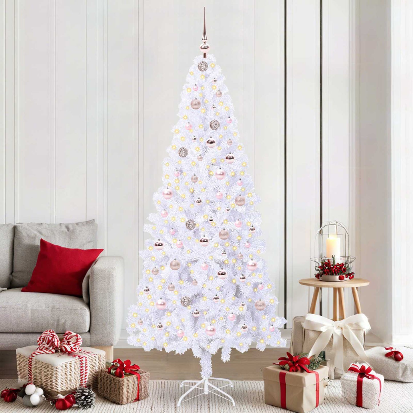 Kunstig juletre med 300 LED med stativ Hvit 210 cm PVC og stål