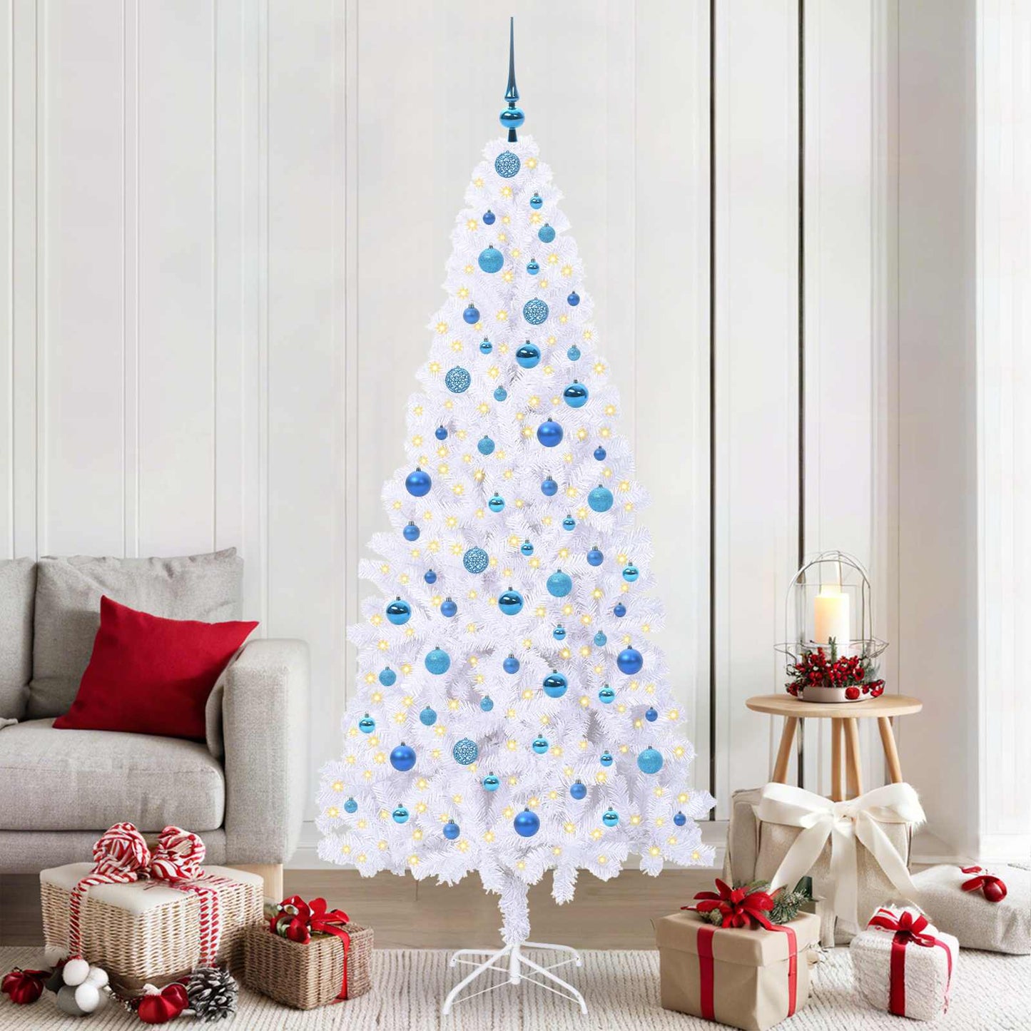 Kunstig juletre med 300 LED med stativ Hvit 210 cm PVC og stål