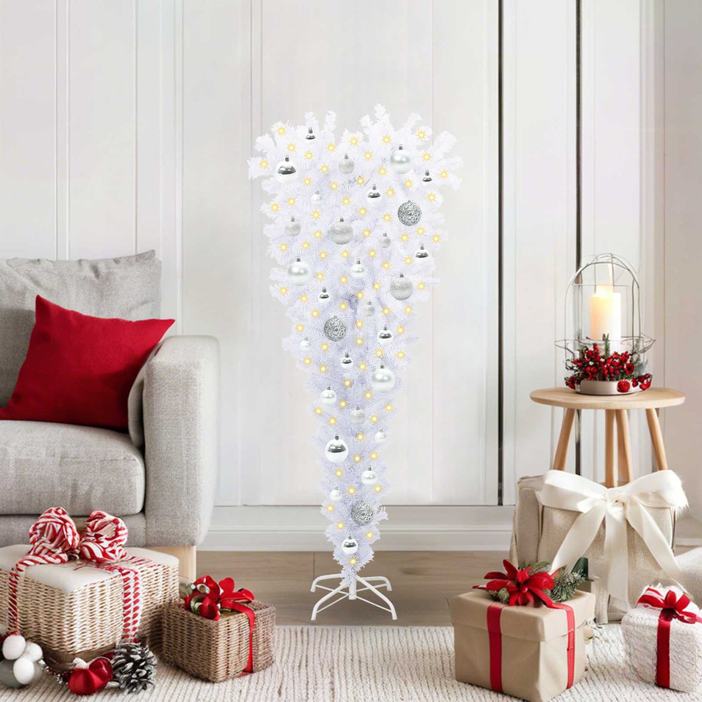 Kunstig juletre med 150 LED med stativ Hvit 120 cm PVC og Stål