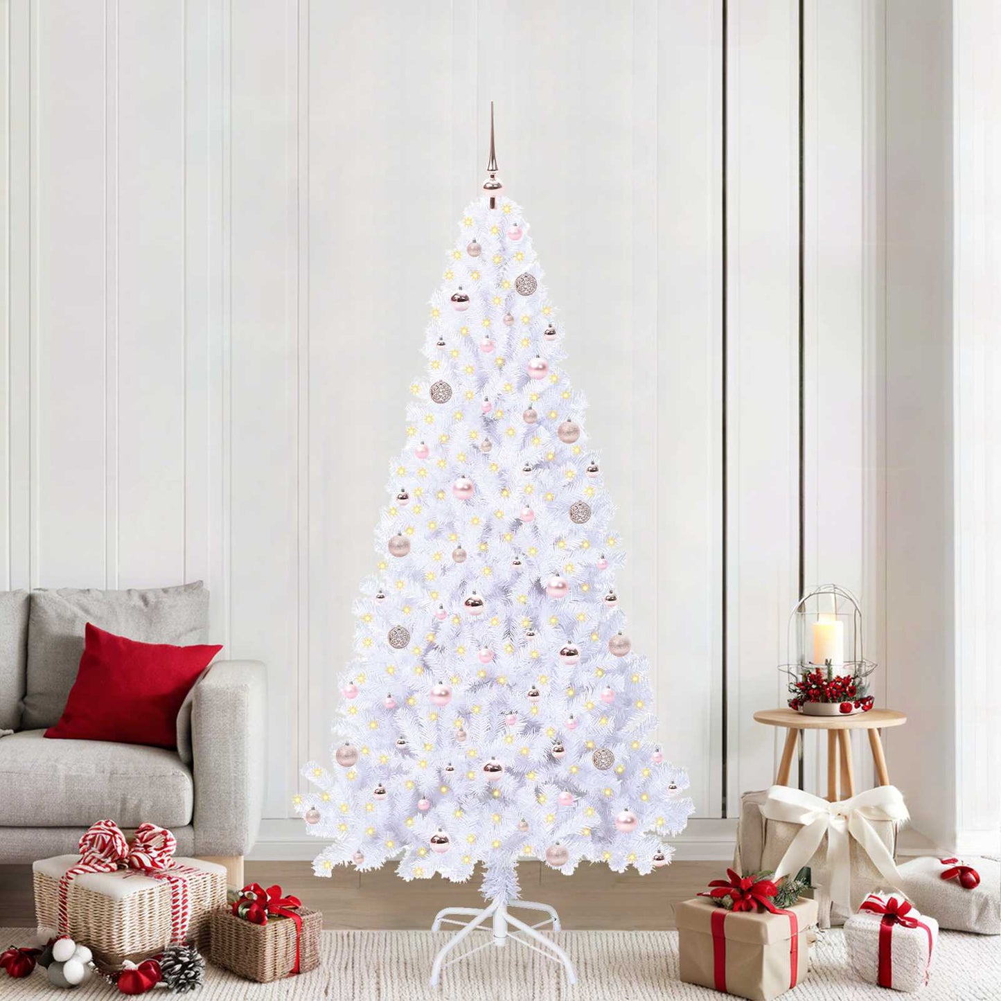 Kunstig juletre med 300 LED med stativ Hvit 210 cm PVC og stål