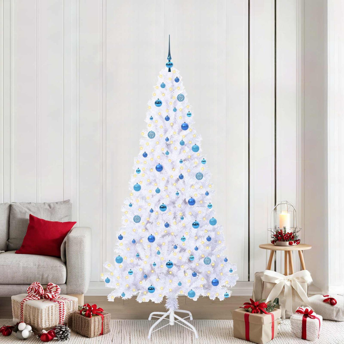 Kunstig juletre med 300 LED med stativ Hvit 210 cm PVC og stål