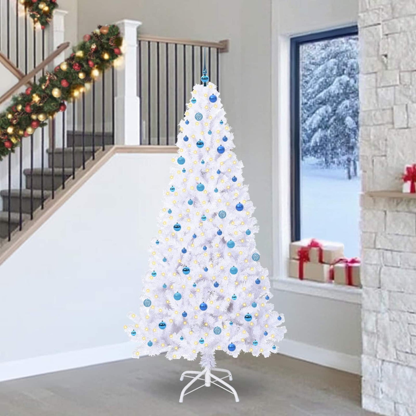 Kunstig juletre med 300 LED med stativ Hvit 240 cm PVC og stål