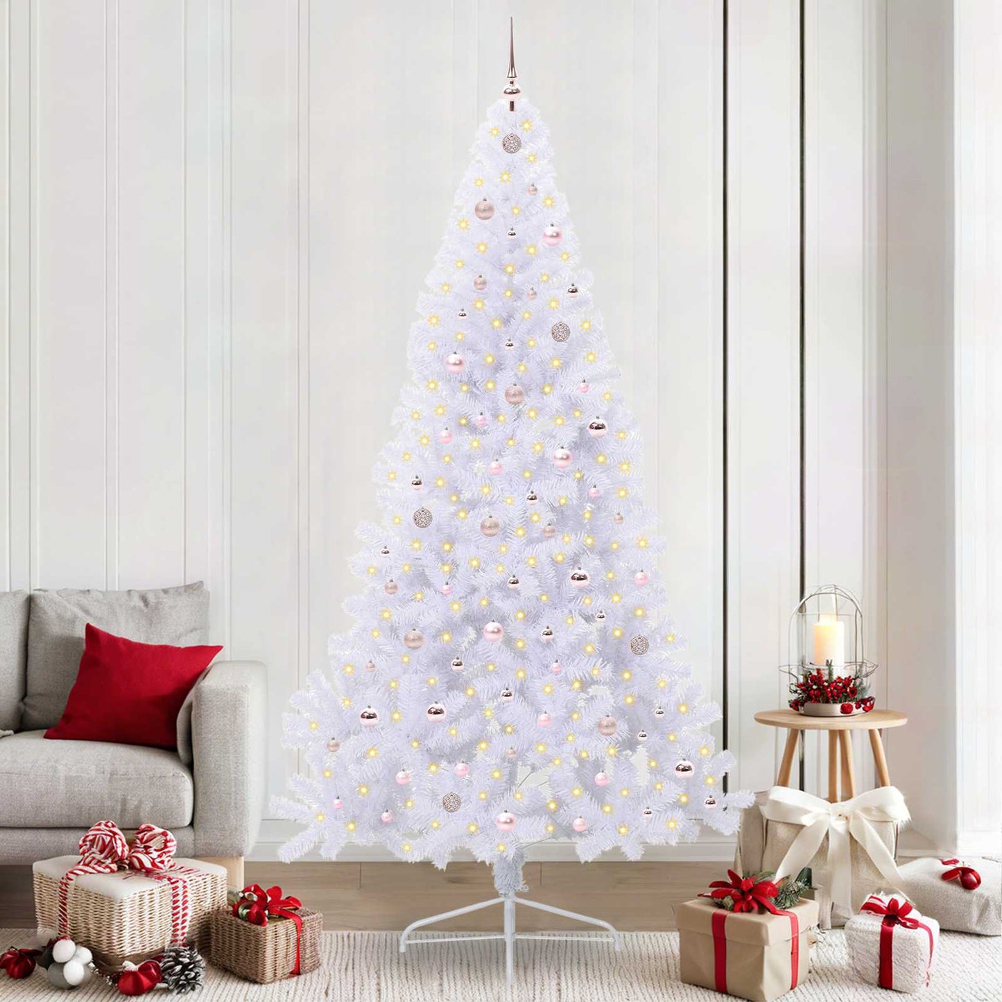 Kunstig juletre med 300 LED med stativ Hvit 240 cm PVC og stål
