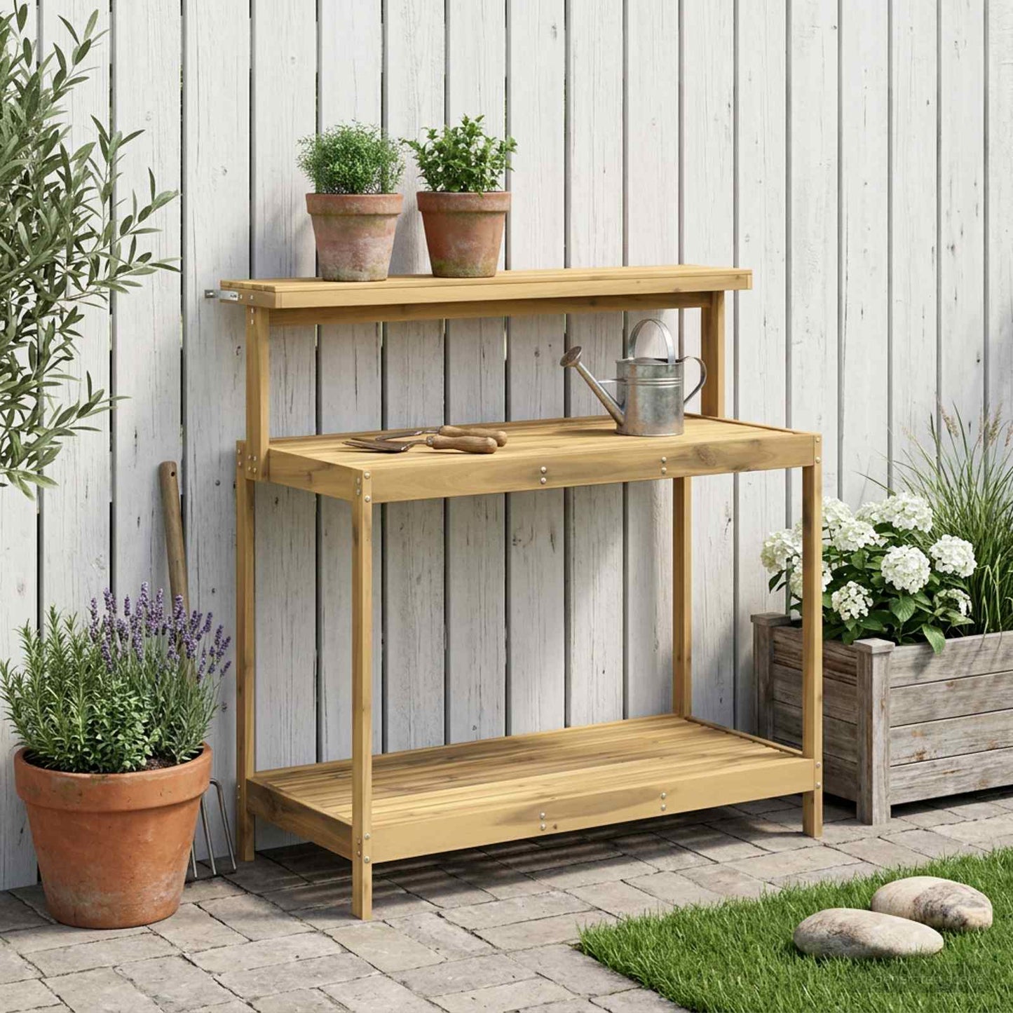 Utendørs pottingbenk 111,5 x 48,5 x 107 cm Solid akasietre Hvit