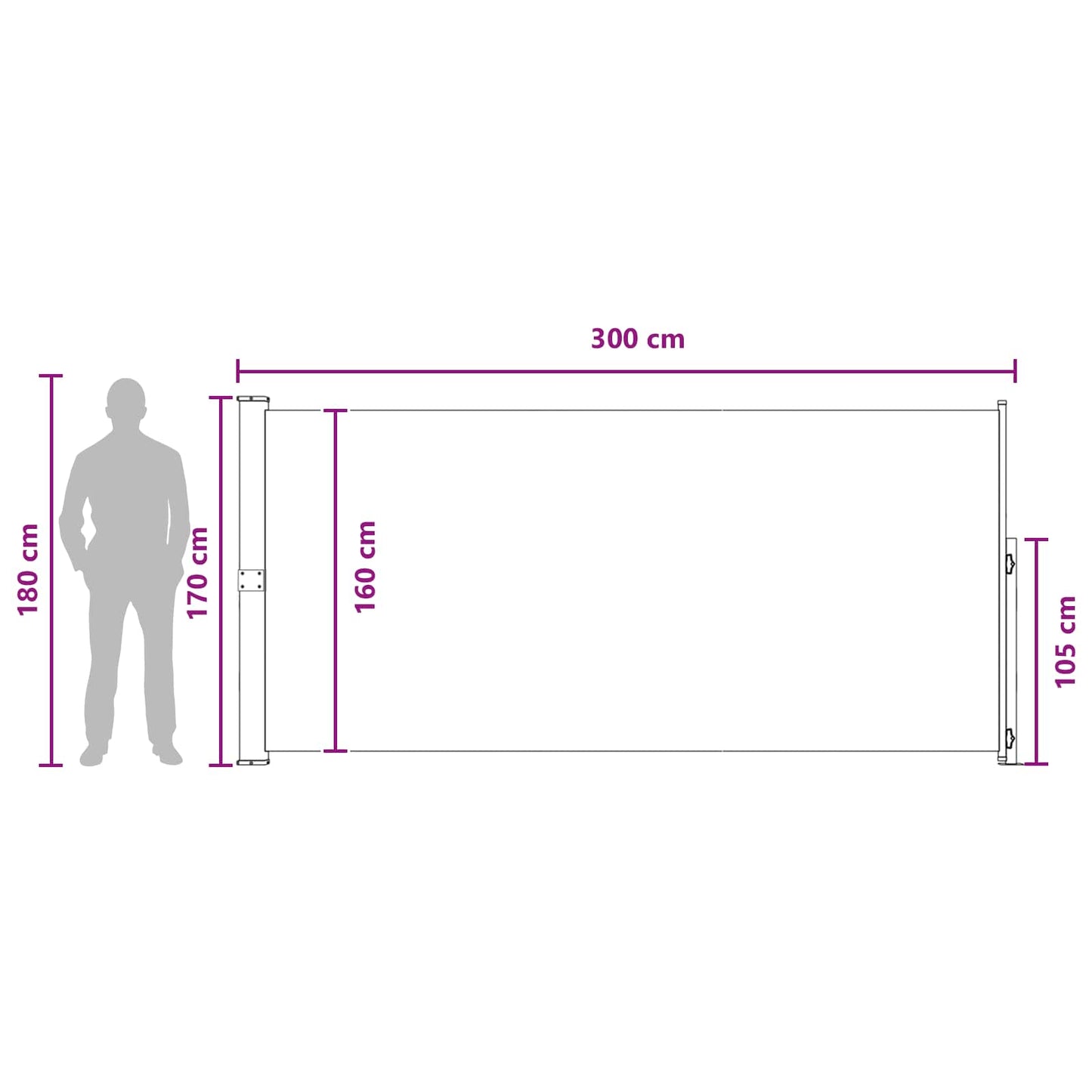 Utklappbart side markise 170 x 300 cm Polyester Rektangulær