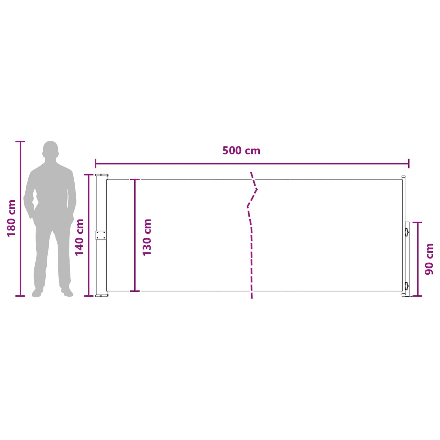 Utklappbart side markise 140 x 500 cm Polyester Rektangulær