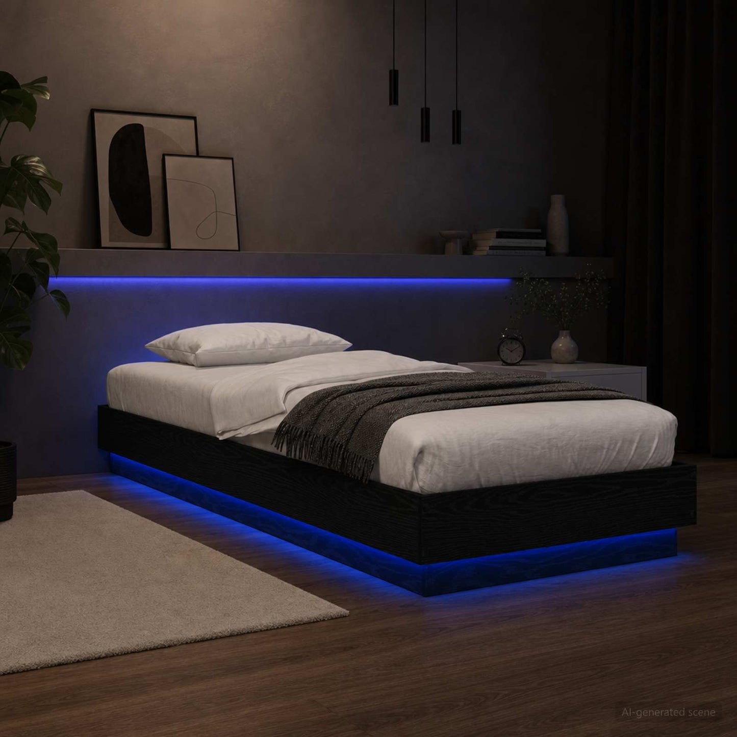 Sengestativ med LED Svart eik 80 x 200 cm Konstruert tre